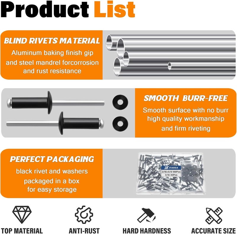JTAREA 130pcs 3/16" x 5/8" Black Aluminum Pop Rivets with Stainless Steel Washers 4.8 x 16mm Blind Rivet Assortment Kit - Image 3
